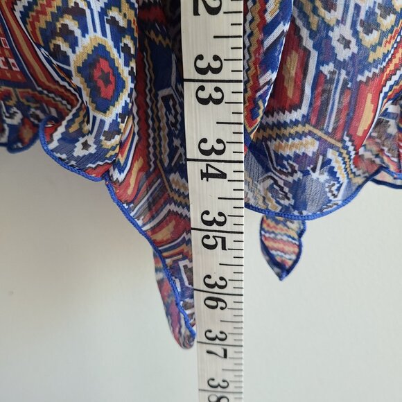 Jessica Simpson Sheer Tunic Blouse L Blue Red Ruffles Sheer Elastic Waist Boho - Picture 11 of 12